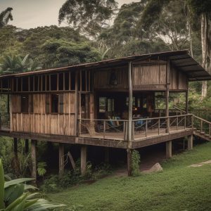 Stilt house on tropical water surrounded by forest generated by artificial intelligence